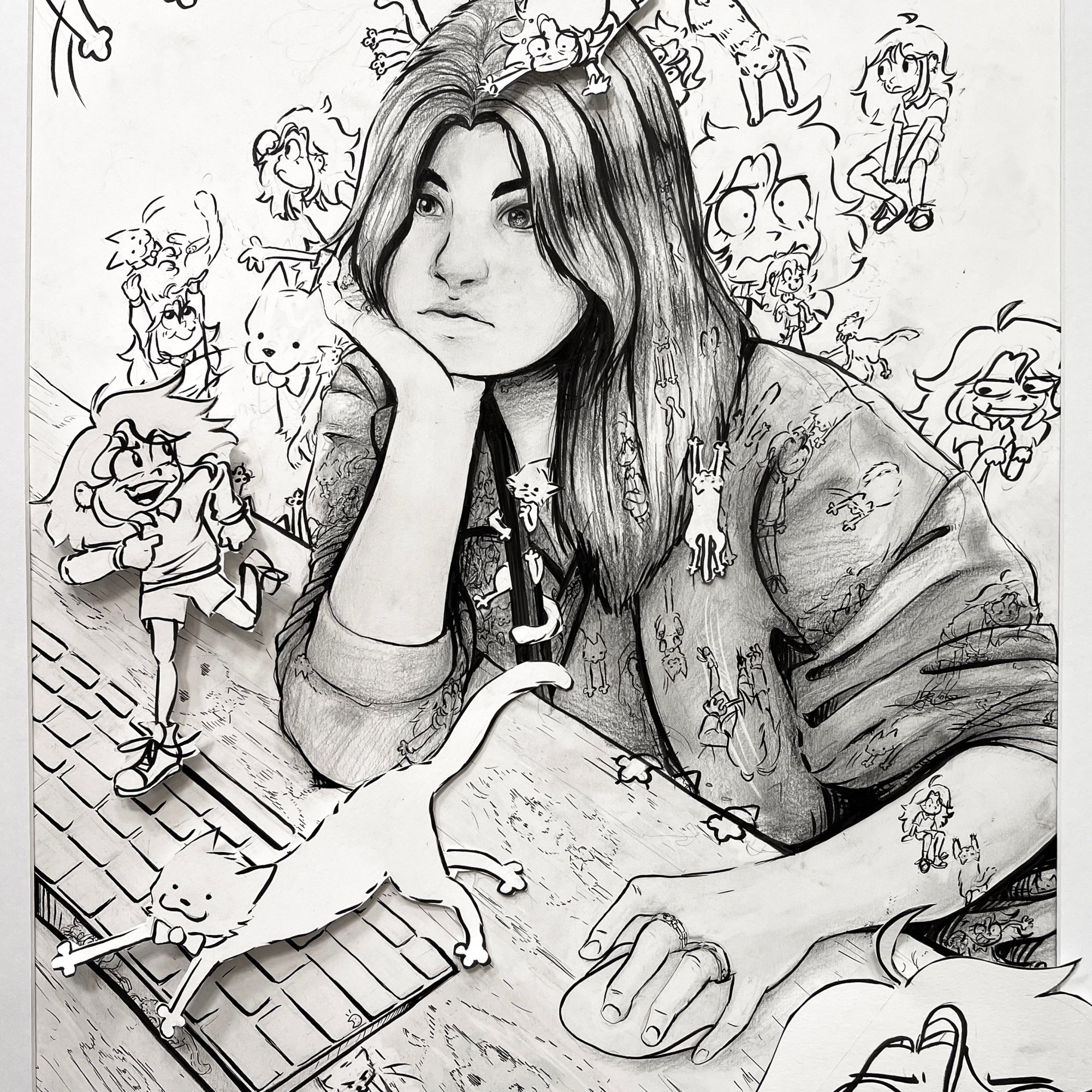 girl with a keyboard and mouse, surrounded by cartoon characters