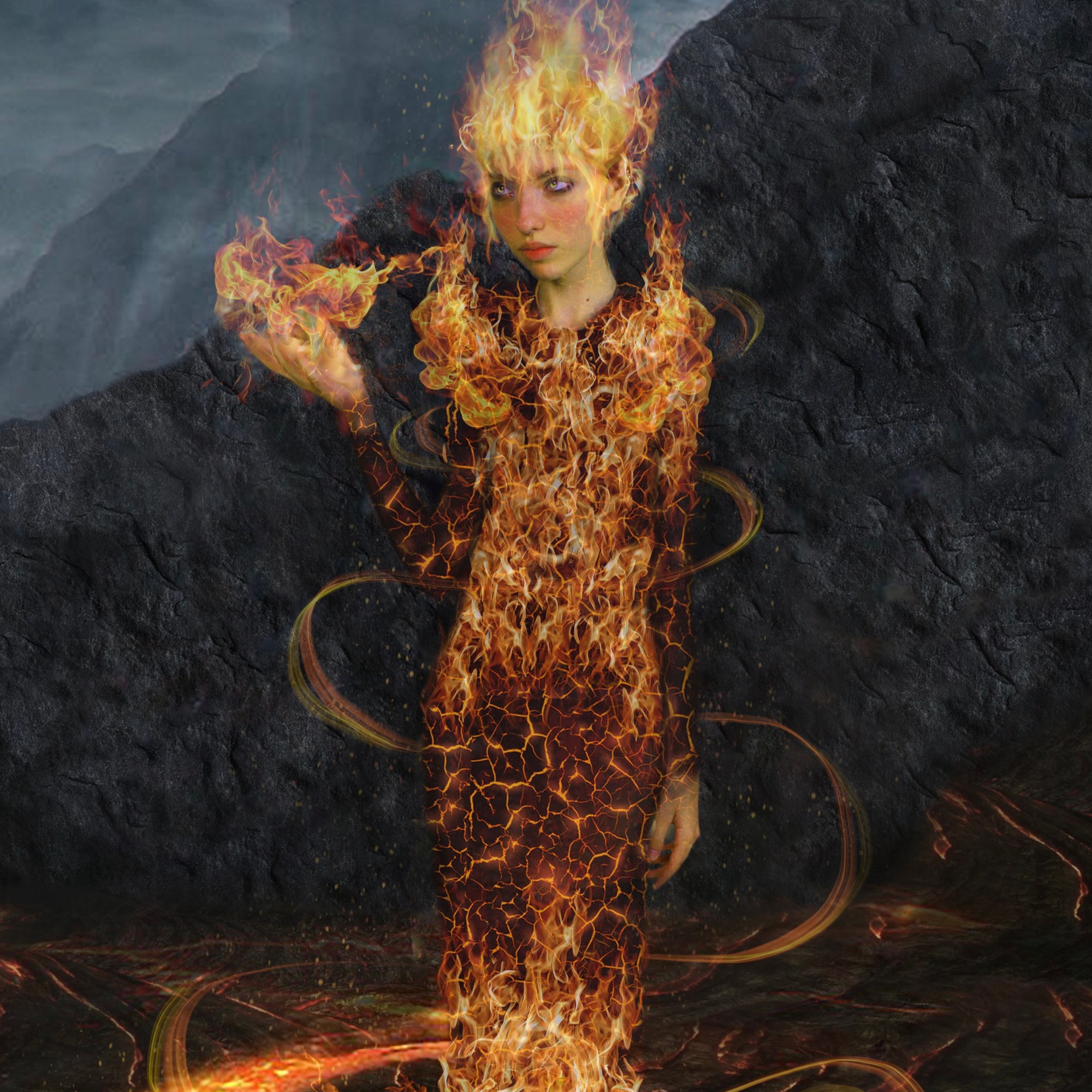 person in a dress on fire