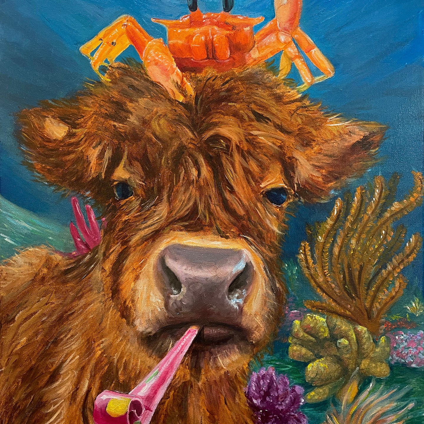 a cow and crab in an underwater coral reef