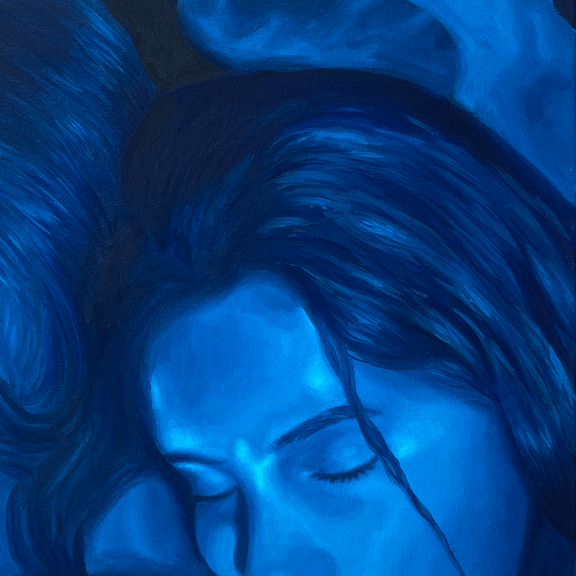 blue face of a girl with closed eyes, resting on someone's shoulder