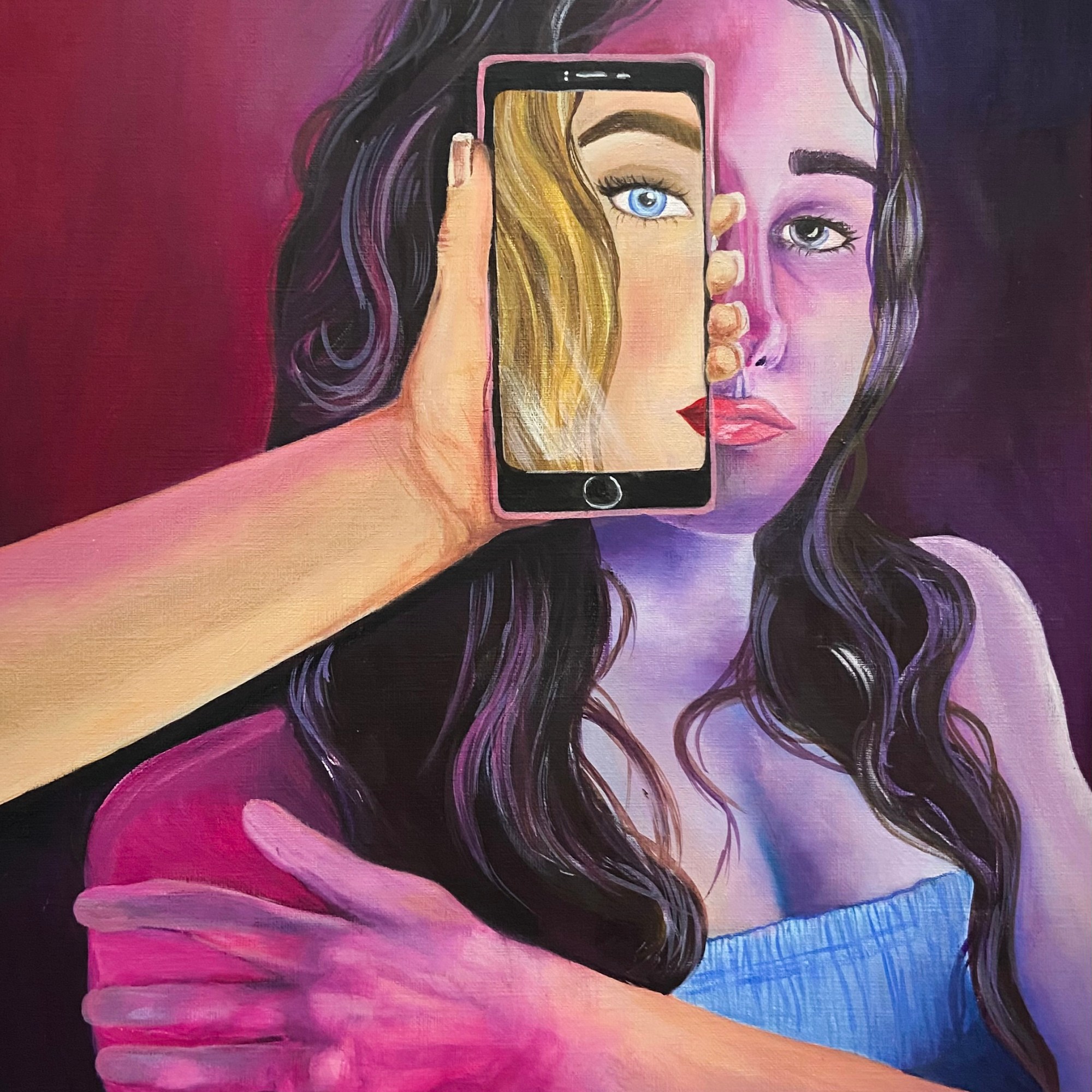 a girl in purple light with a phone held up to her face