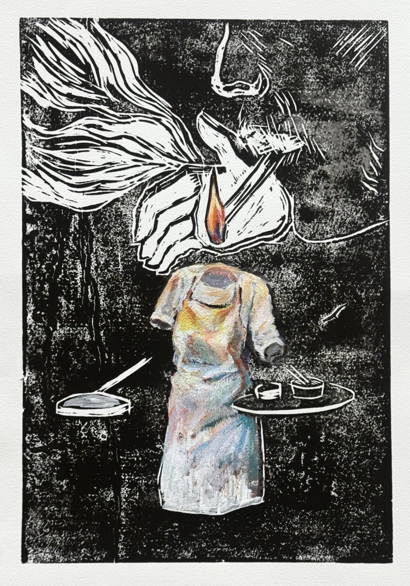 "Hand that Feeds, Hand that Burns"
Acrylic and Printmaking on Paper by Shihan Zhang